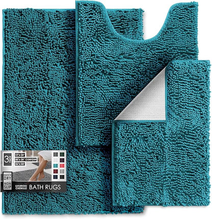 Hearth & Harbor Bathroom Rugs, Chenille Bath Mat - Machine Washable Bath Mats for Bathroom Non-Slip Backing Rubber, Quick Dry Mat - Teal Blue Bath Rug, 17x24-26x44-20x24