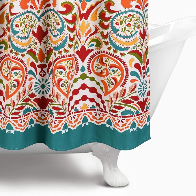 Lush Decor Clara Shower Curtain Single 72" W x 72" L Turquoise & Tangerine - Fabric Shower Curtains for Bathroom - Colorful Bathroom Curtain - Boho Décor