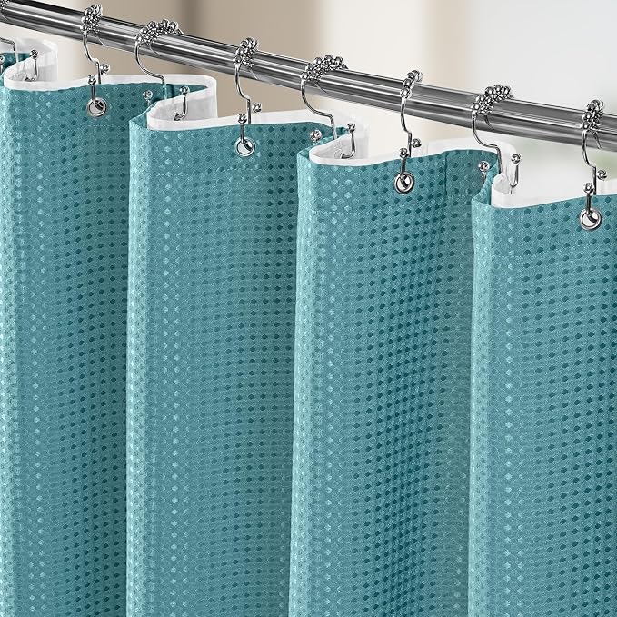 3 in 1 Shower Curtain Set, Waffle Shower Curtain and Liner Set with 12 Double Sided Shower Curtain Hooks, 258GSM Luxury Weighted Cloth Shower Curtains for Bathroom, 72 W x 72 H, Teal