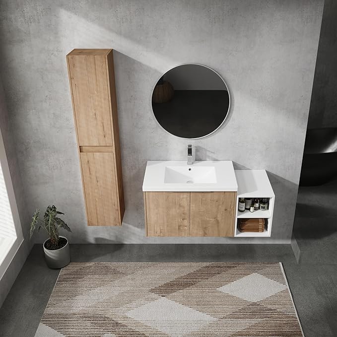 Henf 42" Floating Bathroom Vanity with Sink for Compact Space, Brown Wall Mount Bathroom Vanity Cabinet with Sink Combo, 42 Inch Bathroom Vanities Set with Open Storage Shelf & 2 Side Cabinet