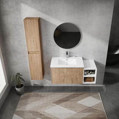 Henf 42" Floating Bathroom Vanity with Sink for Compact Space, Brown Wall Mount Bathroom Vanity Cabinet with Sink Combo, 42 Inch Bathroom Vanities Set with Open Storage Shelf & 2 Side Cabinet