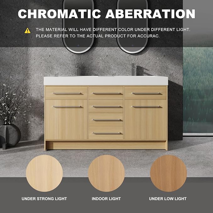 60" Freestanding Bathroom Vanity with Sink | 2 Soft Closing Doors & 6 Drawers Freestanding Vanity with Double Resin Sink, Original Oak Plywood (KD-PACKING)