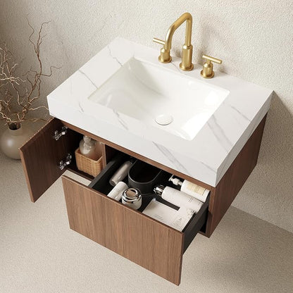 KEIKI 30 Inch Floating Bathroom Vanity with Sink, Brown Oak & White | Modern Wall Mounted Storage Cabinet w/ Drawer & Door, Pre-assembled Wood Panels, Sintered Stone Top & Ceramic Basin Combo Set