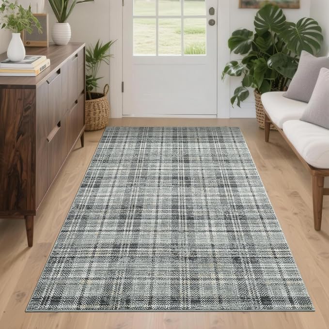 Washable Rugs 4x6 Rug for Living Room Modern Plaid Rugs for Bedroom Tartan Farmhouse Non Slip Entryway Rug Soft Stain Resistant Carpet for Nursery Entrance Dining Room 4'x6' Greenish Grey