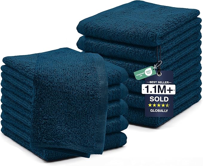 DAN RIVER 12 Pack Cotton Wash Cloths Set for Showering [12x12] Opal Blue | Lighter Weight, Quick to Dry, Super Soft & Absorbent Face Towels, Hotel Quality, Perfect for Bathroom, Gym, Spa