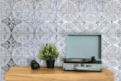 Peel and Stick Metal Backsplash Tiles, Silver Fleur, 10-Pack | 8 x 8 in tile size; Covers up to 4.44 sq ft; Aluminum; Water-resistant surface; For kitchens, ceilings, DIY projects