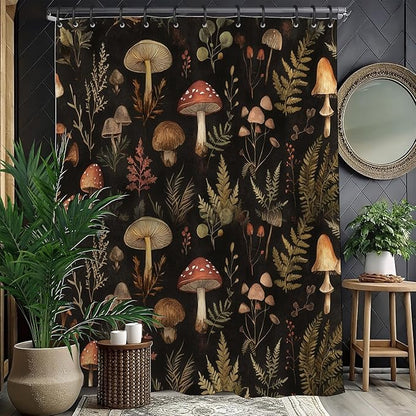 Vintage Dark Mushroom Shower Curtain 72x72 Inch,Forest Botanical Plant Waterproof Polyester Bath Curtain with Retro Nature Mushroom Pattern,Cottagecore Bathroom Decor