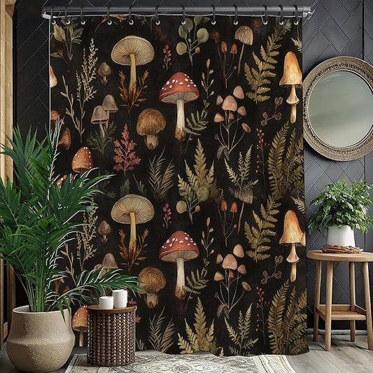 Vintage Dark Mushroom Shower Curtain 72x72 Inch,Forest Botanical Plant Waterproof Polyester Bath Curtain with Retro Nature Mushroom Pattern,Cottagecore Bathroom Decor