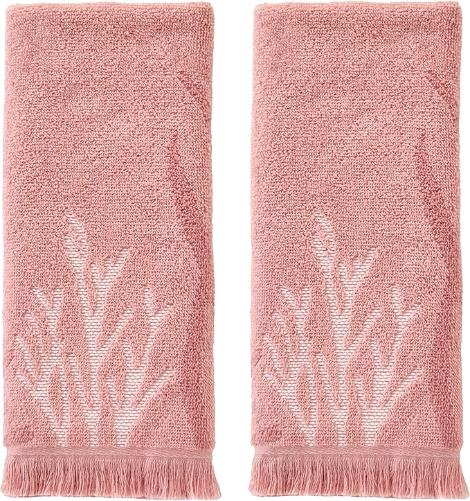 SKL Home Ocean Coral Sculpted Hand Towel Set-2pc, 100% Cotton, Coral | Soft & absorbent with fringed hem. For use in the bathroom, kitchen, or bar. Great for Airbnb, beach homes & coastal décor.