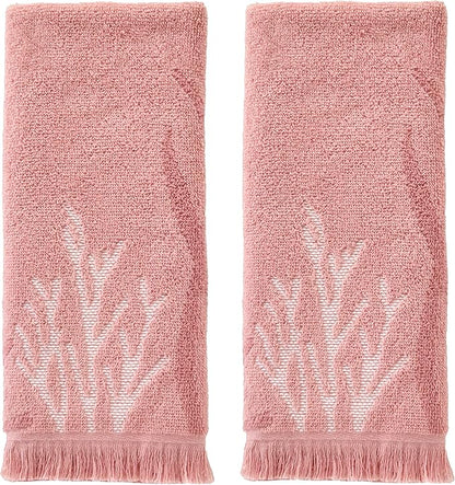 SKL Home Ocean Coral Sculpted Hand Towel Set-2pc, 100% Cotton, Coral | Soft & absorbent with fringed hem. For use in the bathroom, kitchen, or bar. Great for Airbnb, beach homes & coastal décor.