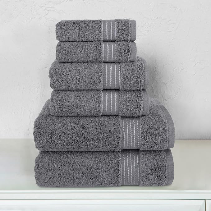 Elegant Comfort Premium Cotton 6-Piece Towel Set, Includes 2 Washcloths, 2 Hand Towels and 2 Bath Towels, 100% Turkish Cotton - Highly Absorbent and Super Soft Towels for Bathroom, Grey