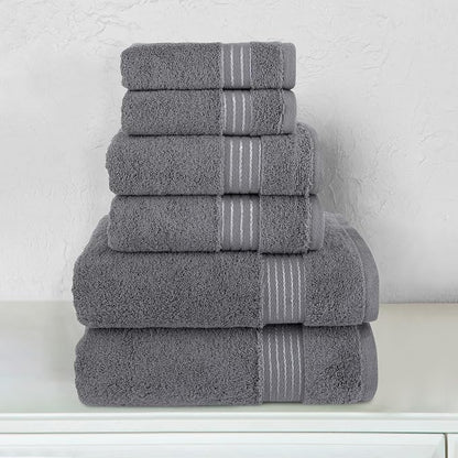 Elegant Comfort Premium Cotton 6-Piece Towel Set, Includes 2 Washcloths, 2 Hand Towels and 2 Bath Towels, 100% Turkish Cotton - Highly Absorbent and Super Soft Towels for Bathroom, Grey
