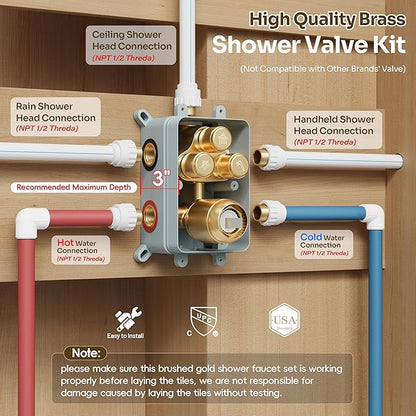 Gold Shower Faucet Set, Brushed Gold Shower System, 10'' Ceiling Shower Head and 6'' Wall Mounted ShowerHead, Dual Gold Shower Head with Handheld Combo, 3 In 1 Push Button Shower Diverter Valve