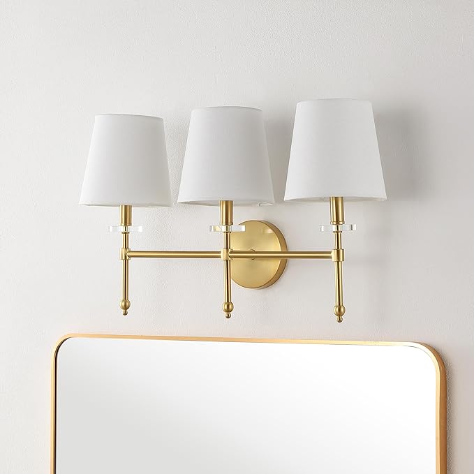 JONATHAN Y 23" Brass Gold Modern LED Wall Sconce, Midcentury Vanity Light for Bathroom Bedroom Hallway Decor, Iron Fixture with White Linen Empire Shade (JYL9921A)