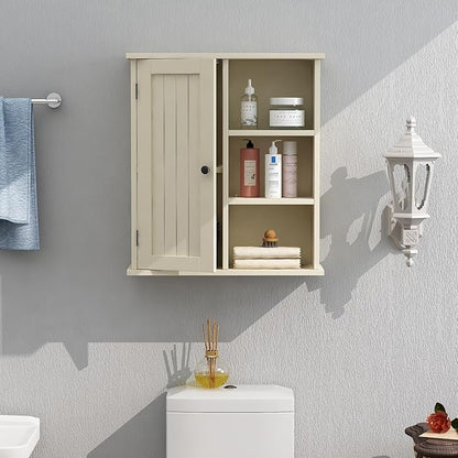 Treocho Bathroom Wall Cabinet, Medicine Cabinet with Door and 3 Open Shelves, Wall Mounted Storage Organizer for Bathroom, Kitchen, Living Room, Yellow