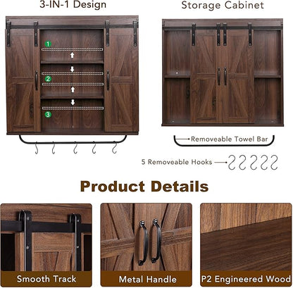 RUSTOWN Rustic Wood Wall Storage Cabinet with Two Sliding Barn Door, 3-Tier Decorative Farmhouse Vintage Cabinet for Kitchen Dining, Bathroom, Living Room, Dark Walnut