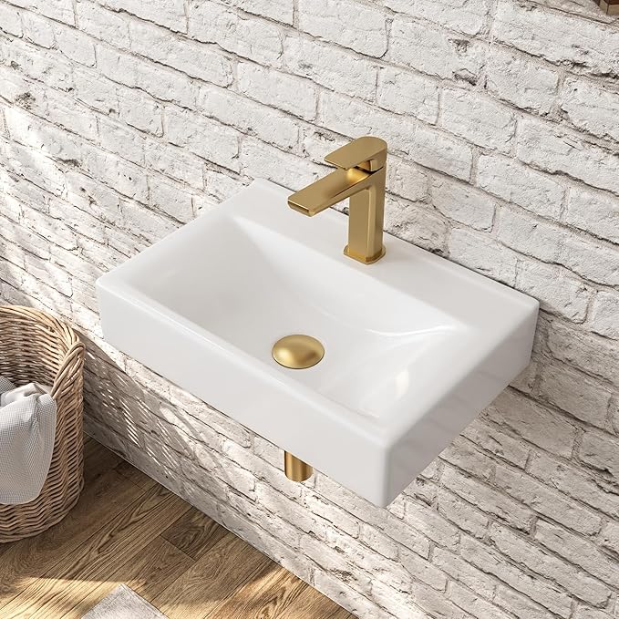 DeerValley 18x12 Inch Wall Mounted Bathroom Sink, White Ceramic Rectangular Vessel Sink with Faucet Hole, Art Sink, DV-1WS0128
