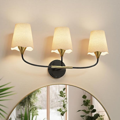 Morauroral Bathroom Light Fixtures Over Mirror, 3 Light Vanity Light for Bathroom, Black Gold Vanity Light Fixtures with Fabric Linen Shade, E26 Socket Sconce Wall Decor(ETL Listed)