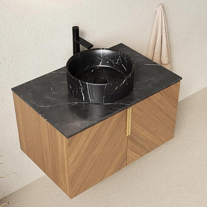 30" Floating Bathroom Vanity with Sink Combo, Modern Vanity with Vessel Sink, Wall-Mounted Bathroom Vanity Cabinet with Doors, Black Countertop and Black Round Ceramic Basin,Brown Oak