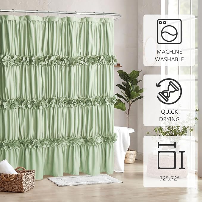 Homechoice Decor Sage Ruffle Shower Curtain, Handcrafted Bow Tie | Vintage Bath Curtain for Master Bathroom, Ruched Microfiber Bathroom Curtain with 12 Buttonholes, 72" W x 72" H (LQ-10)