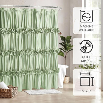 Homechoice Decor Sage Ruffle Shower Curtain, Handcrafted Bow Tie | Vintage Bath Curtain for Master Bathroom, Ruched Microfiber Bathroom Curtain with 12 Buttonholes, 72" W x 72" H (LQ-10)