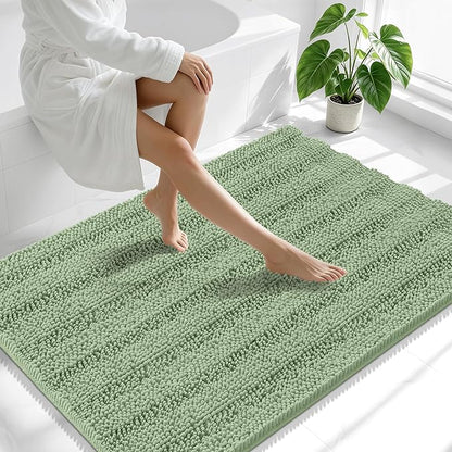 Smiry Thick Chenille Large Bathroom Runner Rugs 40x32, Bath Mat, Sage Green | Quick‑Dry & Machine Washable, Non‑Slip Bath Carpet, Soft Striped Bath Rugs for Tub & Shower, Modern Home Decor Accessories