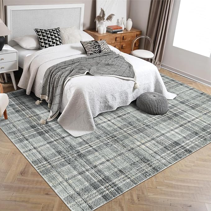 Modern Plaid Washable Rug 8 x 10 Rug for Living Room Soft Farmhouse Tartan Area Rug for Bedroom Non Shedding Non Slip Throw Rugs Stain Resistant Carpet for Nursery Office 8'x10' Greenish Grey