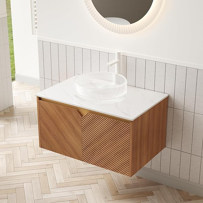 Floating Bathroom Vanity with Sink, 30 Inch Fluted Vanity with Vessel Sink, Modern Bathroom Vanity Cabinet with 2 Doors, Glass Vessel Ceramic Sink & Sintered Stone Top, Oak