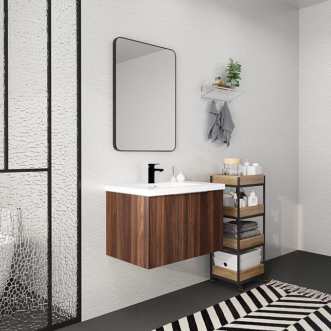Henf 30inch Floating Bathroom Vanity Cabinet with Sink Combo, Modern Wall Mounted Solid Wood Cabinet with White Gel Basin Sink Bathroom Storage Cabinet with 2 Soft Close Doors