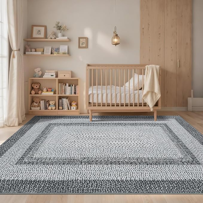 Washable Area Rugs 5x7 Rug for Living Room Non Slip Modern Rug Soft Area Rug for Bedroom Farmhouse Braided Print Throw Rugs Contemporary Stain Resistant Carpet for Dining Room 5'x7' Grey