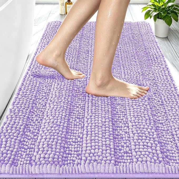Smiry Thick Chenille Bathroom Rugs 30x20, Soft Absorbent Bath Mat, Lavender | Quick‑Dry & Machine Washable, Non‑Slip Bath Carpet, Striped Bath Rugs for Tub & Shower, Modern Home Decor Accessories