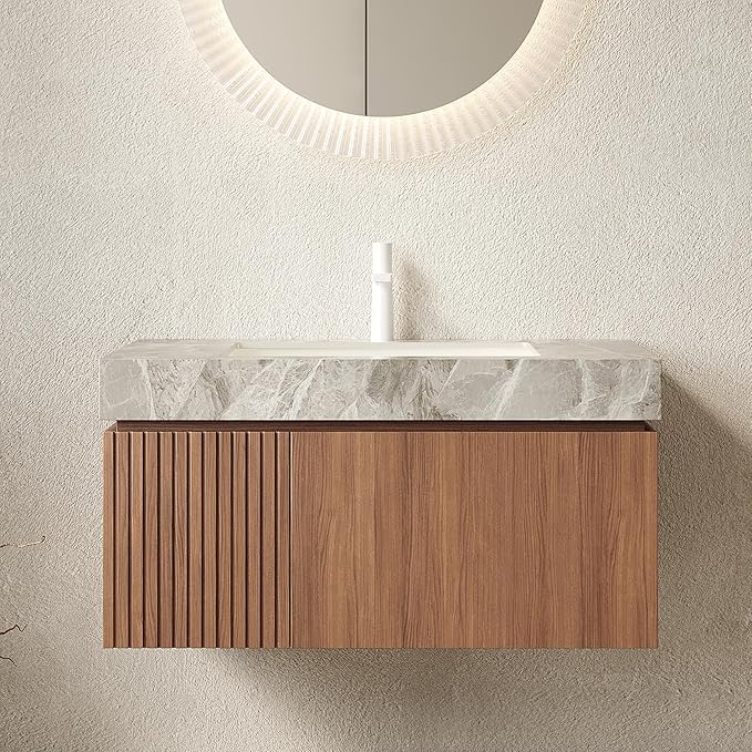 36” Floating Bathroom Vanity with Sink, Wall-Mounted Cabinet with Drawer & Doors, Gray Travertine-Pattern Sintered Stone Top, Undermount Basin, Single Faucet Hole, Soft-Close, Pre-Assembled, Brown Oak