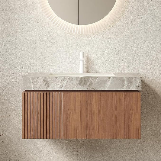 36” Floating Bathroom Vanity with Sink, Wall-Mounted Cabinet with Drawer & Doors, Gray Travertine-Pattern Sintered Stone Top, Undermount Basin, Single Faucet Hole, Soft-Close, Pre-Assembled, Brown Oak