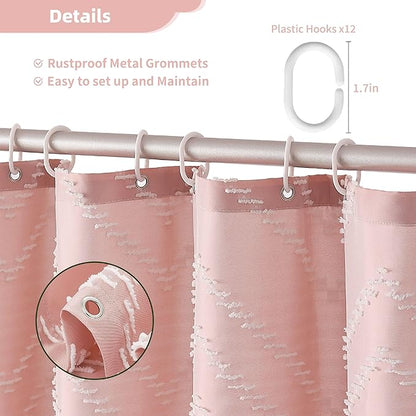 Extra Long Pink Boho Shower Curtain with White Tassel, Woven Fabric 84 in Shower Curtain, Tufted Chevron Striped, 72 x 84, Modern Chic Textured Minimalist Cute Shower Curtain for Bathroom