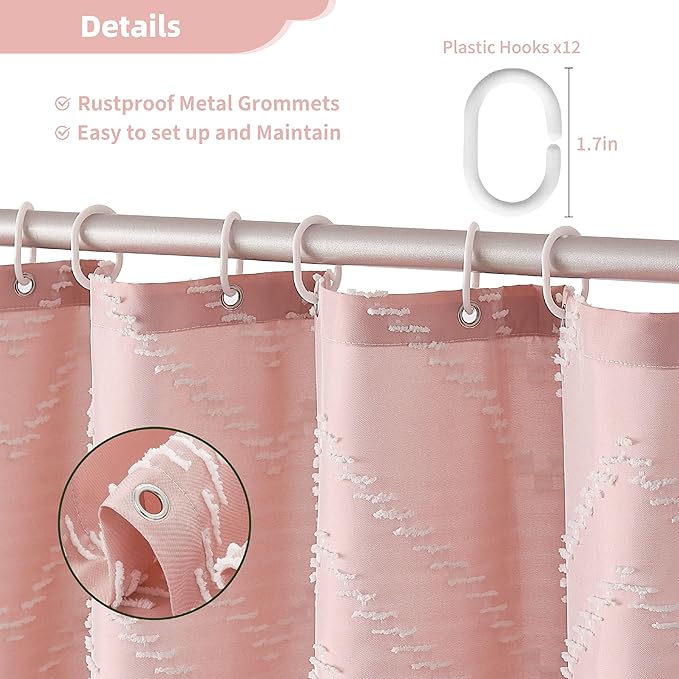 Siiluminisoy Extra Long Pink Boho Shower Curtain with White Tassel, Woven Fabric Cute Shower Curtain, Tufted Chevron Striped, 72 x 78, Modern Chic Textured Minimalist Bathroom Shower Curtain