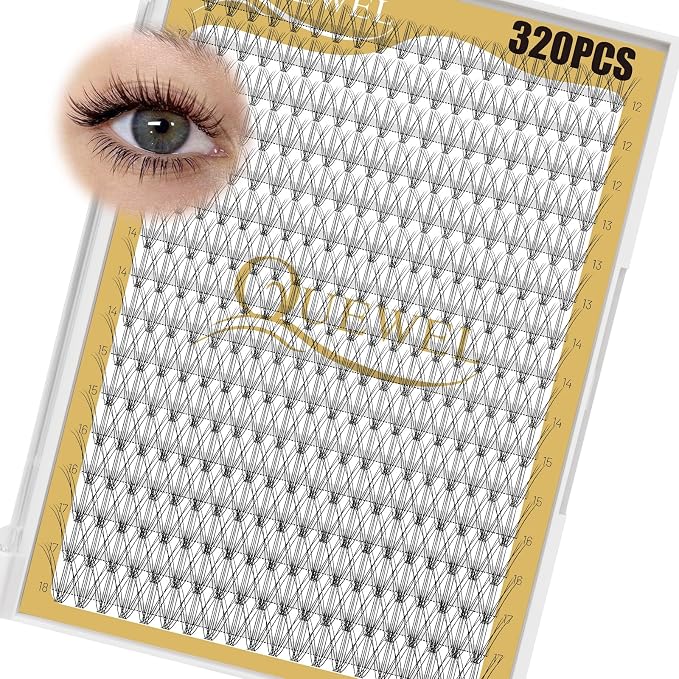 QUEWEL Lash Clusters 320Pcs 10D C Curl Lash Cluster Eyelash Extensions | Cluster Lashes Mix12-18mm Individual Eyelashes Clusters Wispy Lash Clusters Thin Band Soft to Use at Home(10D C Mix12-18)