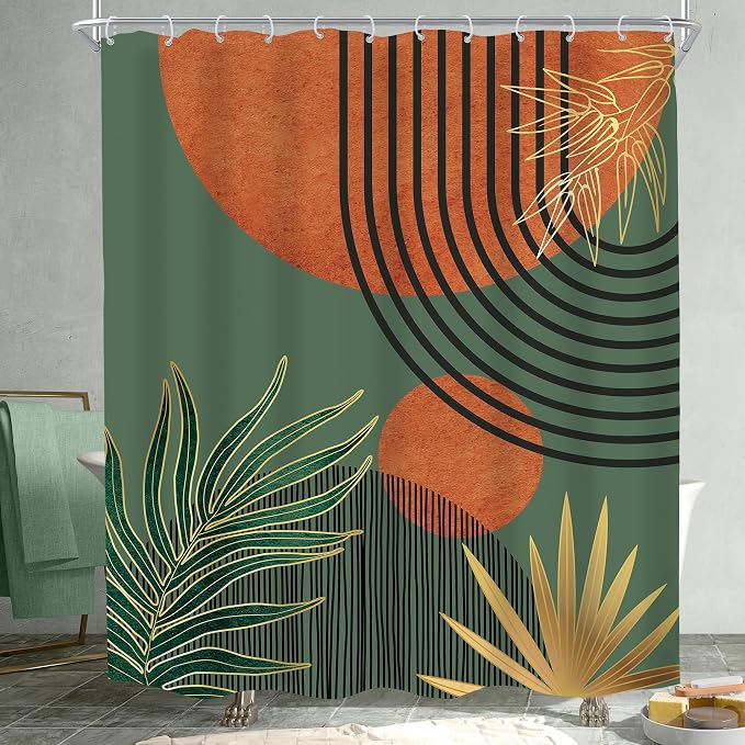 Mid Century Green Orange Boho Abstract Modern Bathroom Shower Curtain Set | 60Wx72L Sun Arch design, waterproof HD print with fast-drying fabric and 12 hooks.