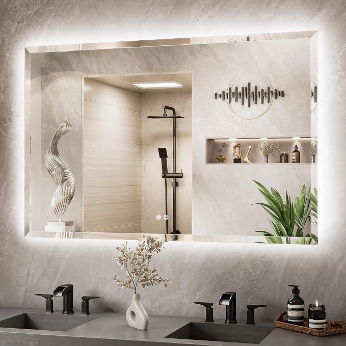 55 x 36 Backlit Bathroom Mirror, Frameless LED Mirror for Bathroom, Tempered Glass, 3 Colors Lights, Defogging, Adjustable Brightness, Smart Bathroom Mirror, Lighted Mirrors for Bathroom Wall
