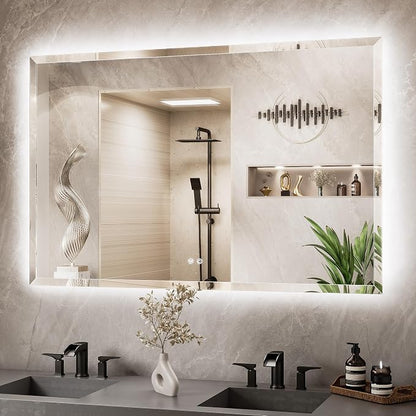 55 x 36 Backlit Bathroom Mirror, Frameless LED Mirror for Bathroom, Tempered Glass, 3 Colors Lights, Defogging, Adjustable Brightness, Smart Bathroom Mirror, Lighted Mirrors for Bathroom Wall