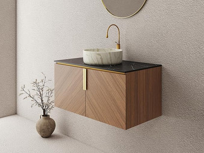 LKTART 36 Inch Bathroom Vanity with Sink, Modern Wall Mounted Bathroom Sink with 2 Doors, Black Sintered Stone Countertop and Stone Round Ceramic Basin