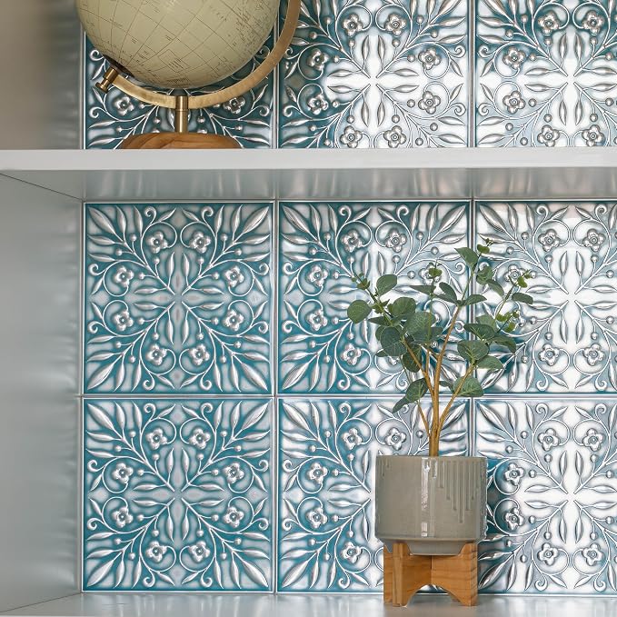 Peel and Stick Metal Tiles, Teal & Silver Leaves, 10-Pack | 8 x 8 in tile size; Covers up to 4.44 sq ft; Aluminum; Water-resistant surface; For kitchens, ceilings, DIY projects
