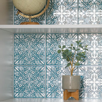 Peel and Stick Metal Tiles, Teal & Silver Leaves, 10-Pack | 8 x 8 in tile size; Covers up to 4.44 sq ft; Aluminum; Water-resistant surface; For kitchens, ceilings, DIY projects