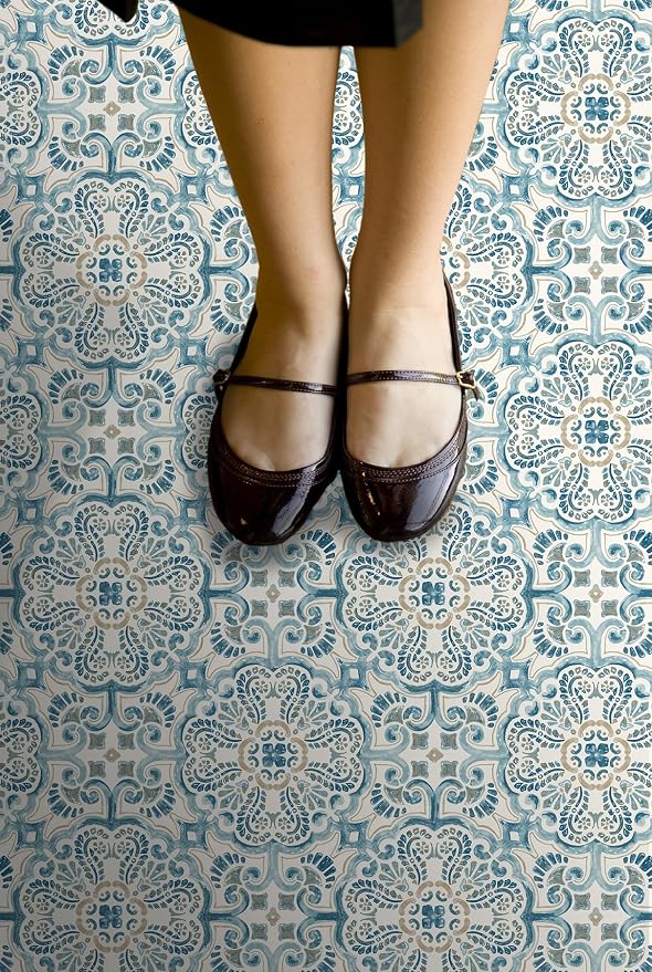FloorPops FP2477 Fontaine Peel & Stick Floor Tiles, Blue (Pack of 6)