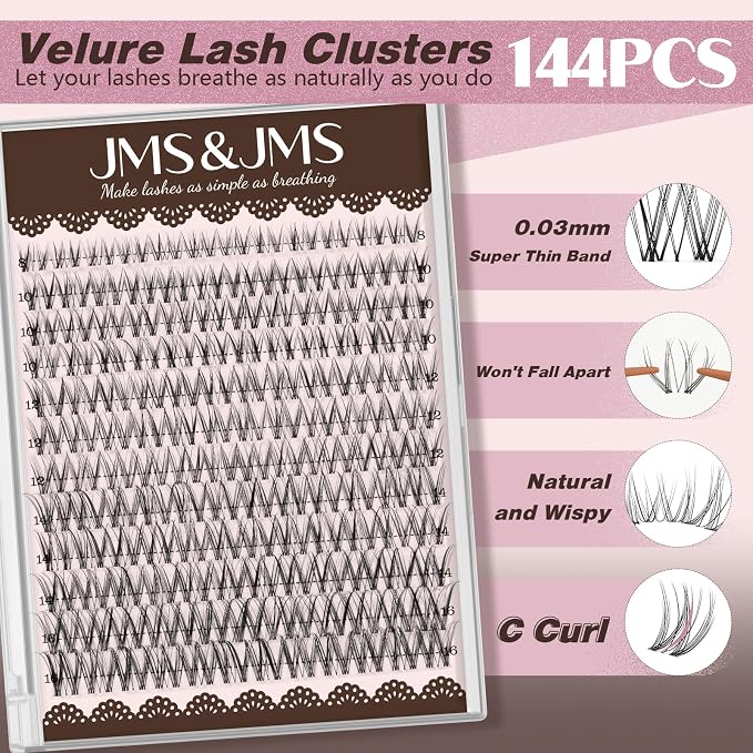 JMS&JMS Natural Lash Clusters Wispy Eyelash Extensions Invisible Thin Band | Eyelash Cluster 8-16mm C Curl DIY Lash Extensions with Clear Band Individual Lashes Clusters for Natural Look
