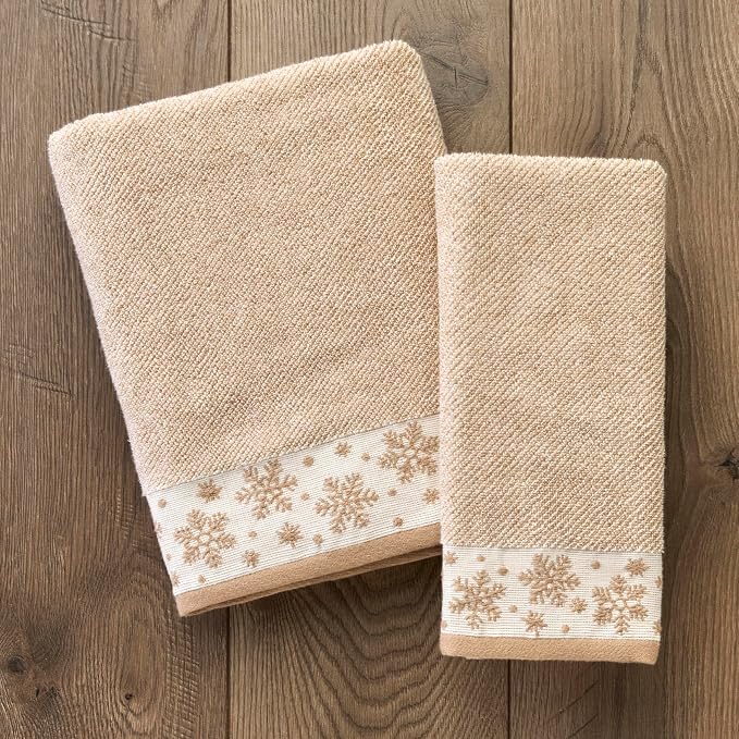 SKL Home Christmas/Winter Heather Snowflake Bath Towel, 100% Cotton, Tan | 100% Cotton. 500 GSM. Plush & absorbent jacquard. Great for holiday gifting.