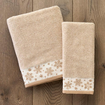 SKL Home Christmas/Winter Heather Snowflake Hand Towel Set-2pc, Tan | 100% Cotton. 500 GSM. Plush & absorbent jacquard. Great for the bathroom, kitchen or bar & gifting.