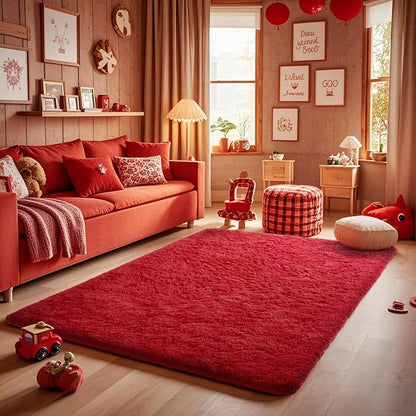 Ophanie Red Rugs for Bedroom Living Room, Fluffy Fuzzy Furry Carpet, Plush Soft Shaggy Bedside Indoor Floor 4x6 Area Rug for Kids Girls Boys Baby Teen Dorm Nursery Decor with Over 99 pcs Pile fibers