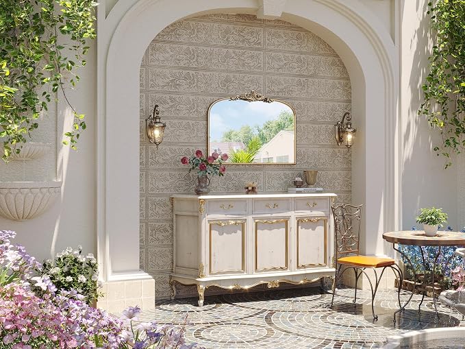 Vintage Gold Mirror, 32"x24" Antique Gold Bathroom Wall Mirrors | Large Ornate Arch Mirror, Mantel Mirror for Over Sink, Fireplace, Entryway,Bedroom, Living Room, Hanging or Leaning