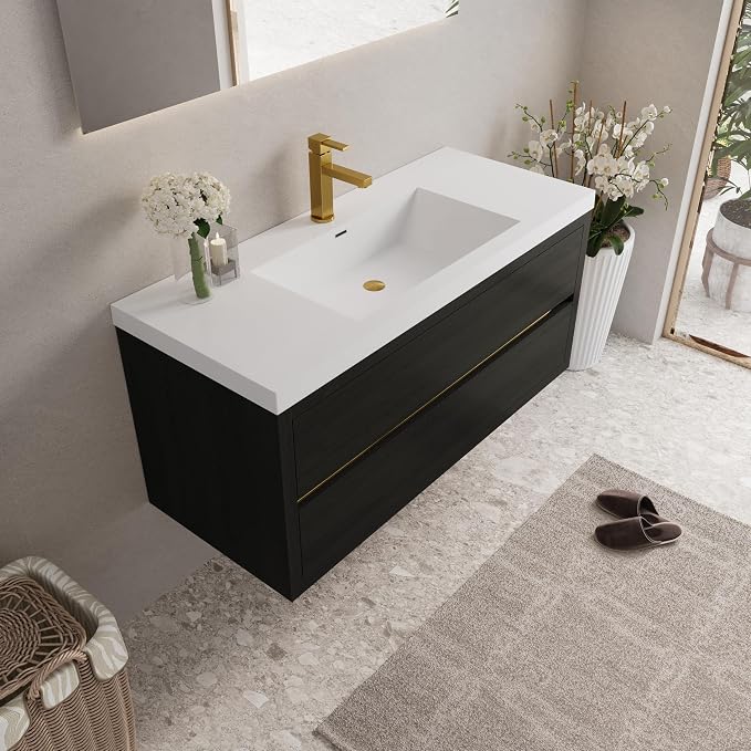 Modern 48" Wall-Mounted Bathroom Vanity with Sink | Floating Storage Cabinet, Stone Resin Countertop, Soft Close Drawers | Espresso Wood