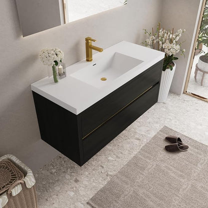 Modern 48" Wall-Mounted Bathroom Vanity with Sink | Floating Storage Cabinet, Stone Resin Countertop, Soft Close Drawers | Espresso Wood